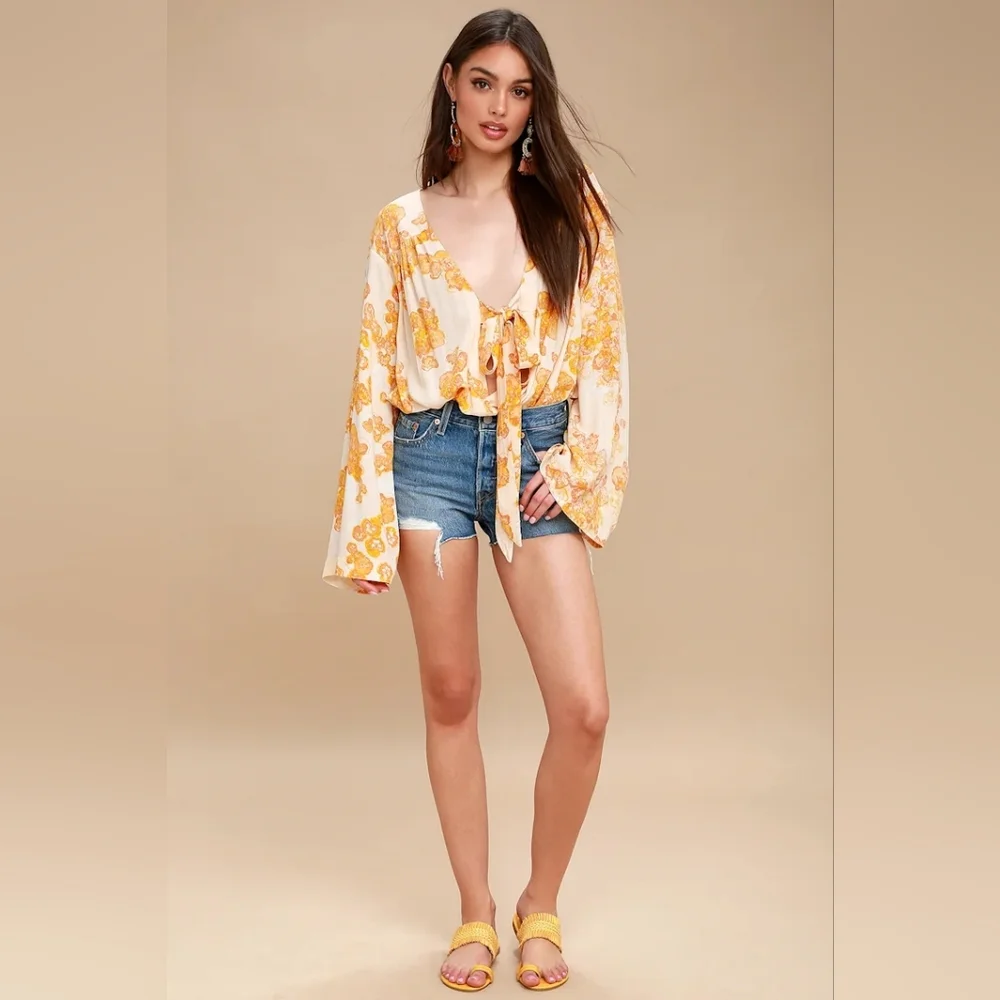 Free People Forties Feels Yellow Floral Print Tie-Front‎ Bodysuit